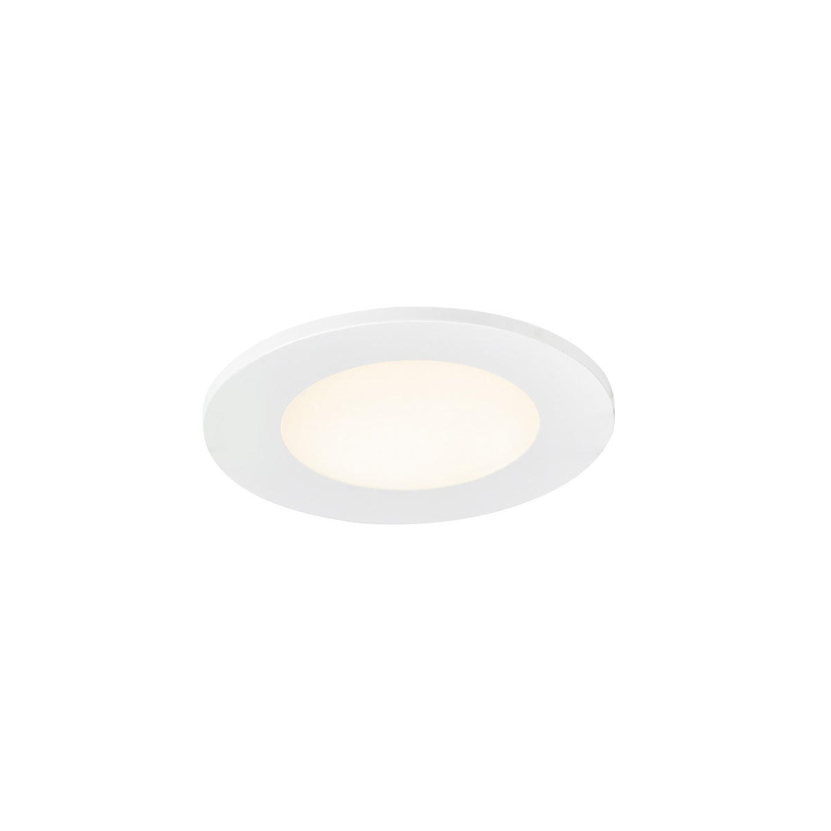Vue trois quarts d'un spot encastrable blanc, collerette fine et diffuseur lumineux