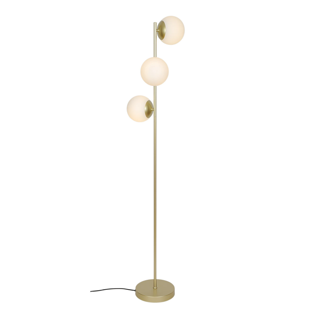 Lampadaire à trois globes opalins allumés, pied doré fin, vue de face