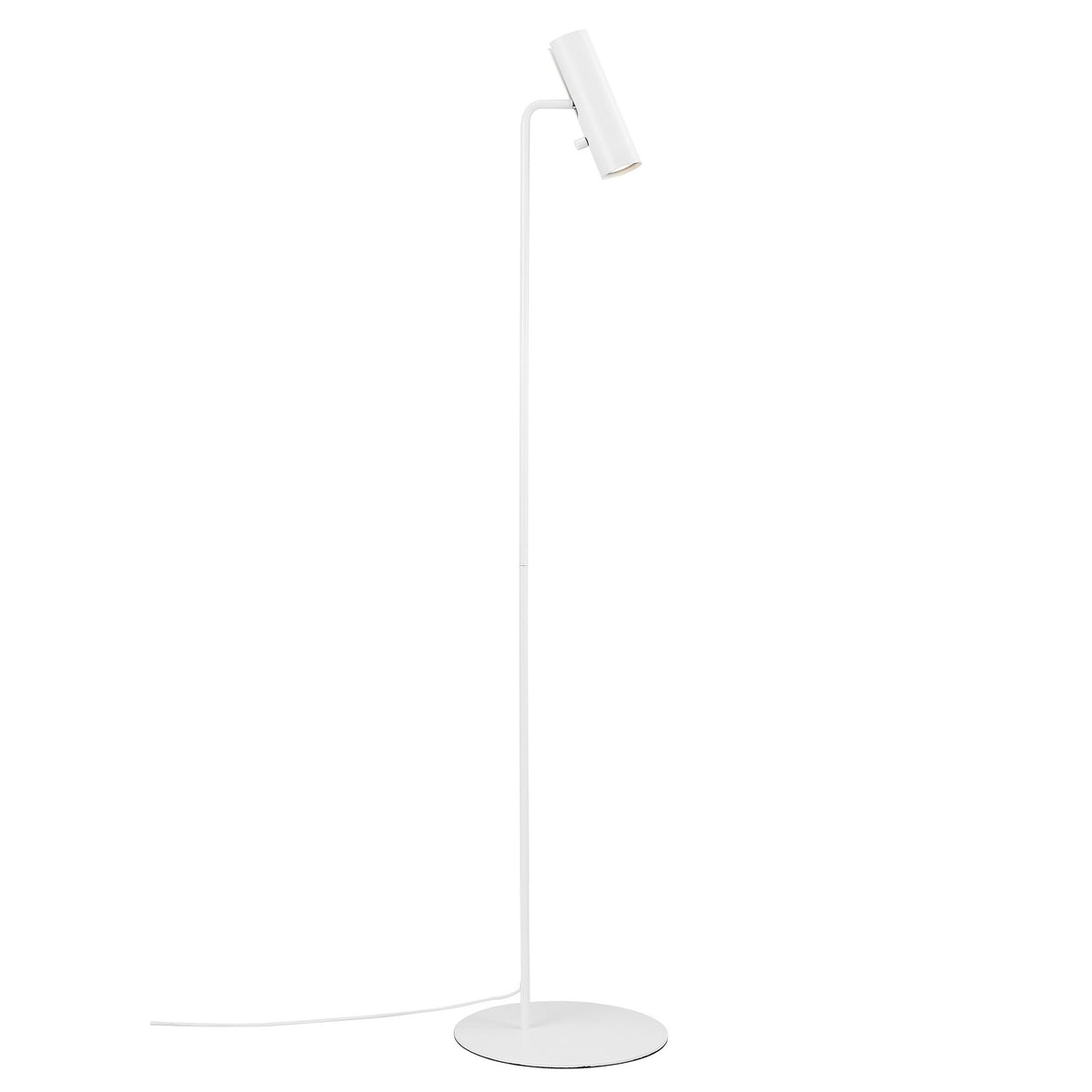 Lampadaire blanc de face, tête cylindrique inclinée et fin câble au sol