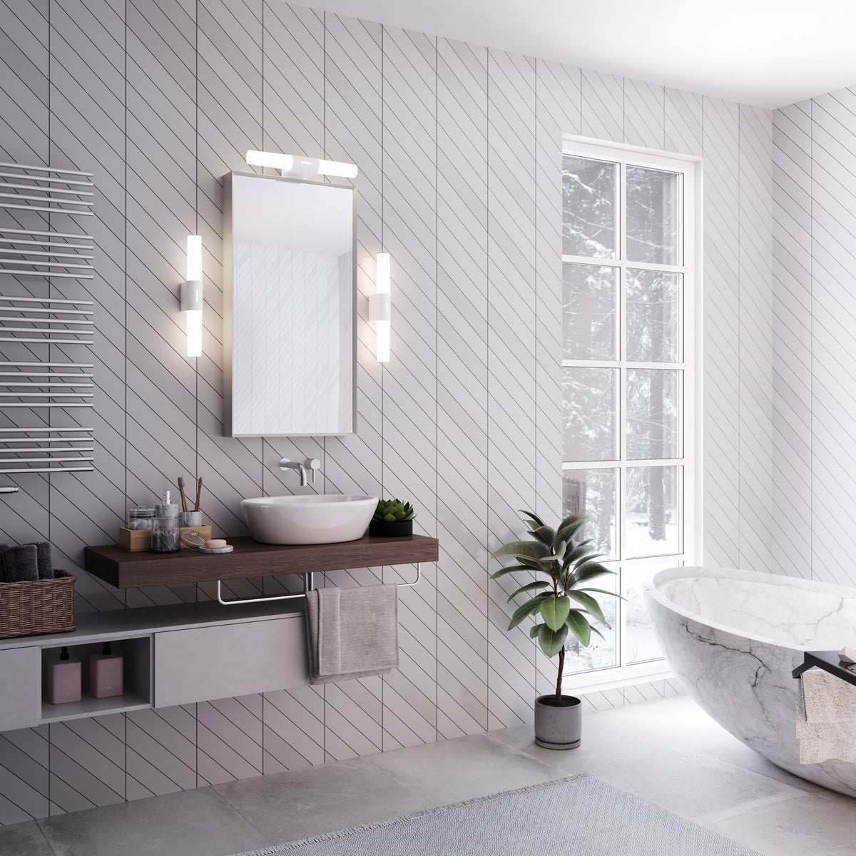 Mise en ambiance dans une salle de bain, deux appliques encadrant un miroir
