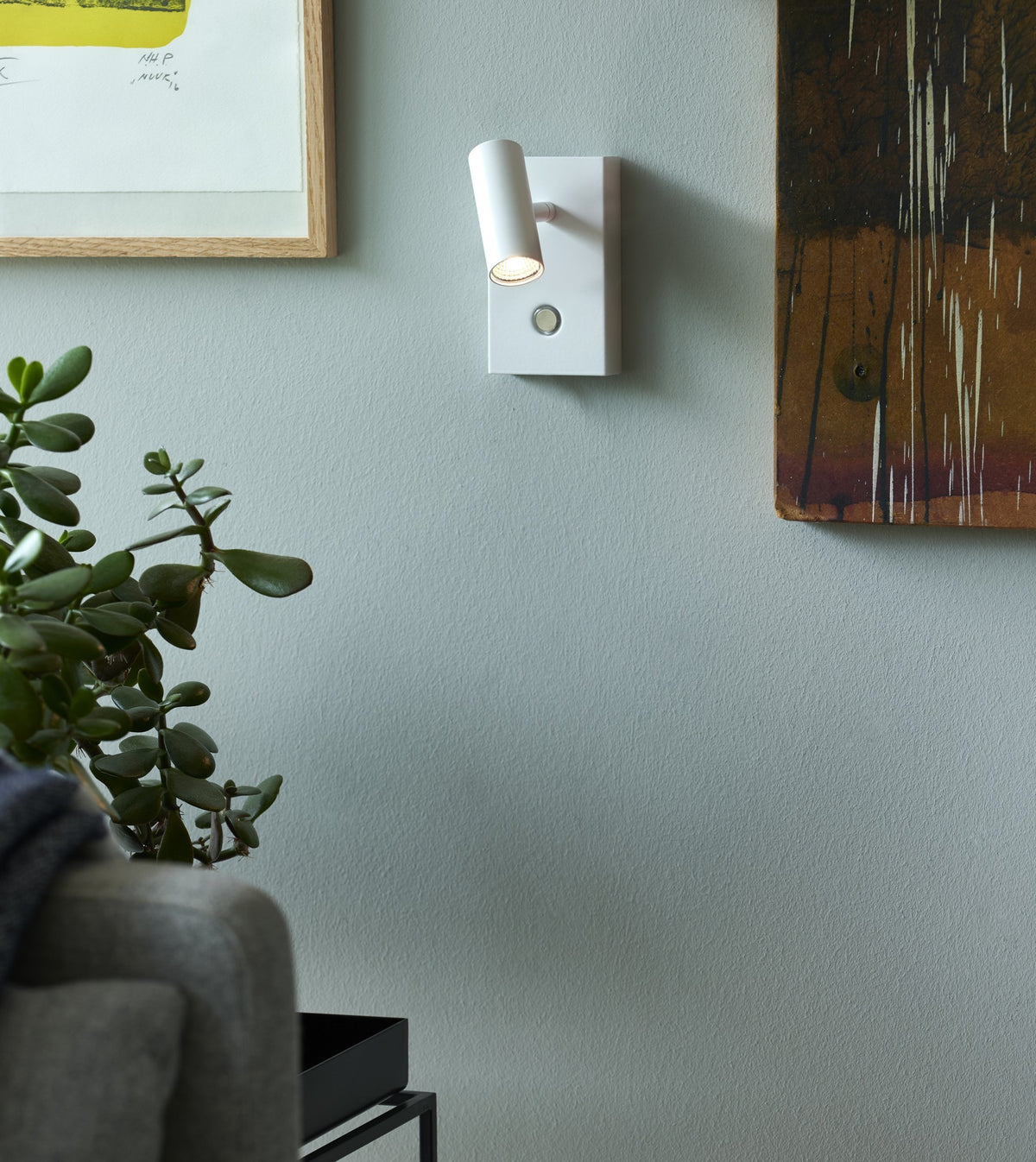 Mise en ambiance sur mur gris, plante et tableaux encadrés dans un salon