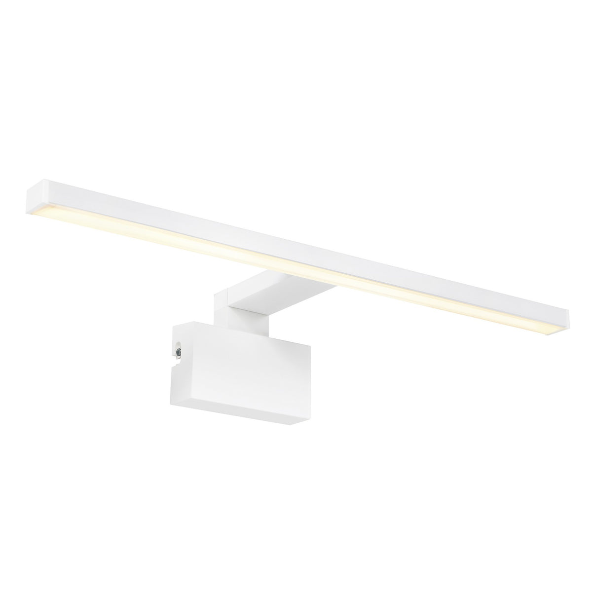 Vue de trois quarts du bandeau LED blanc avec fixation murale et diffuseur allumé