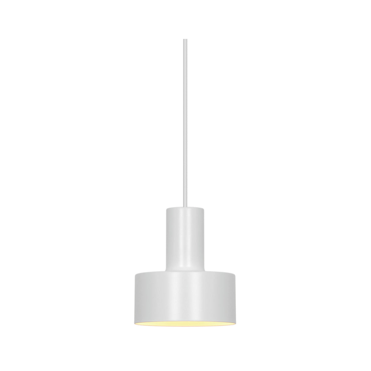 Suspension blanche de face, abat-jour cylindrique et câble fin sur fond neutre