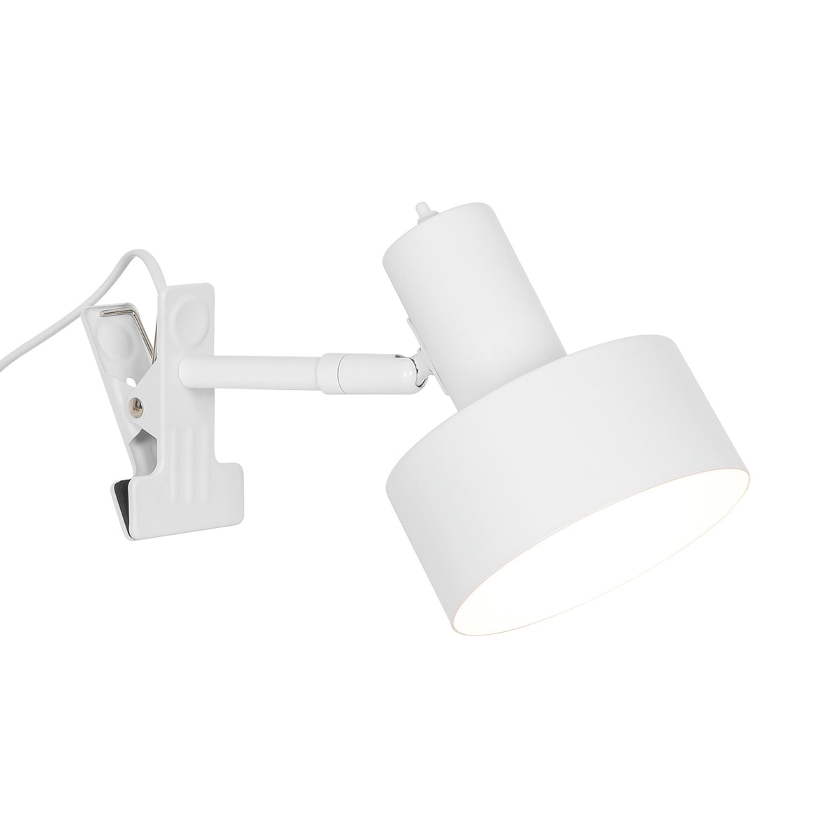 Vue d'ensemble de la lampe à pince blanche avec bras orientable et câble apparent.
