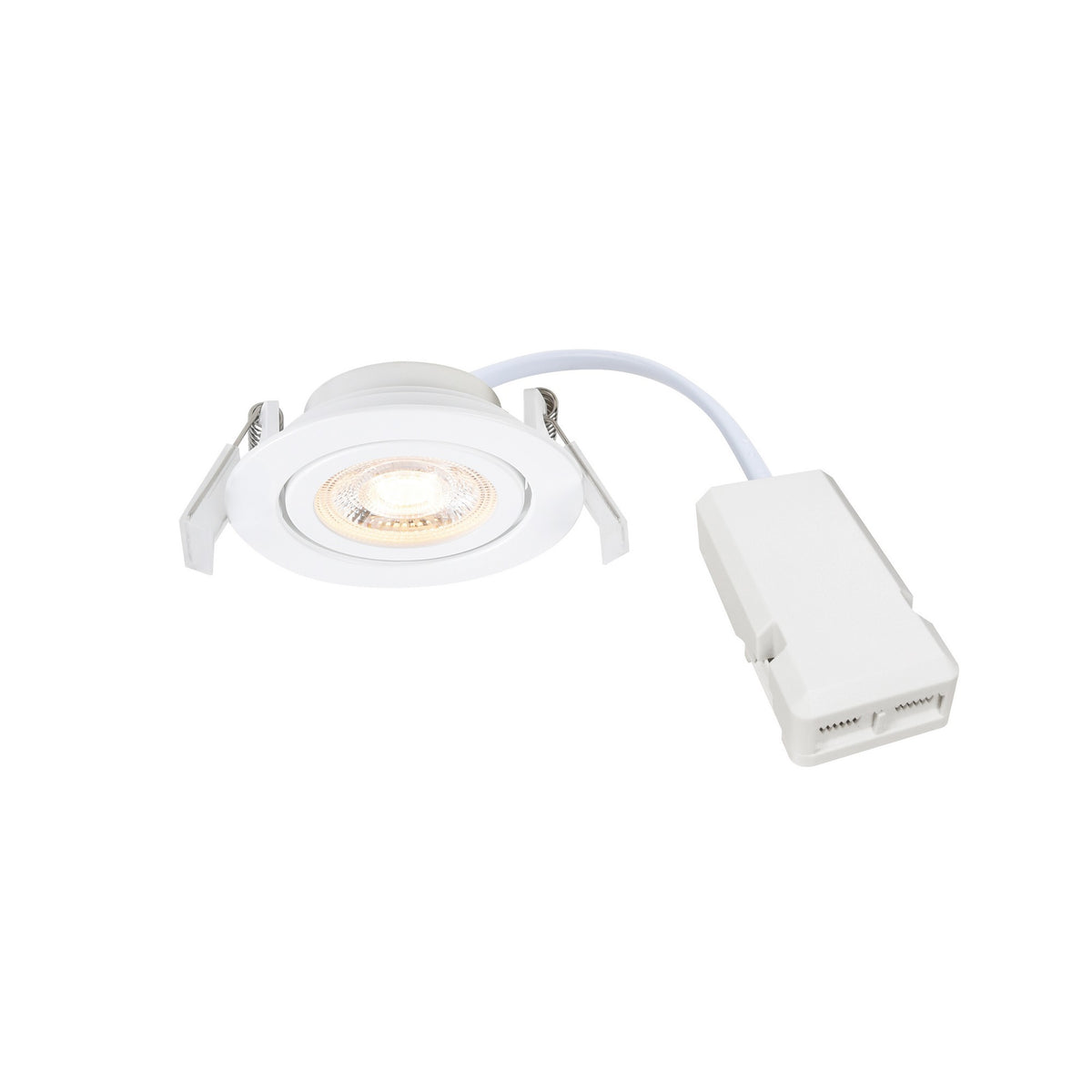 Spot LED encastrable blanc avec boîtier d'alimentation et câble, vu de trois quarts.