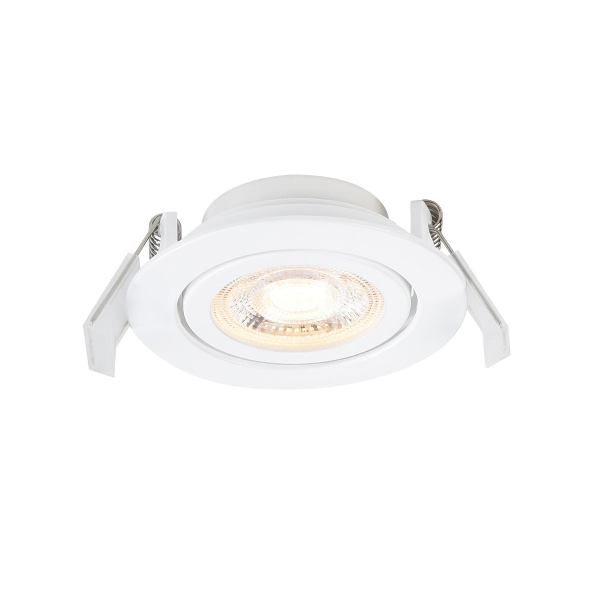 Spot encastrable blanc orientable vu de face avec ressorts de fixation apparents.