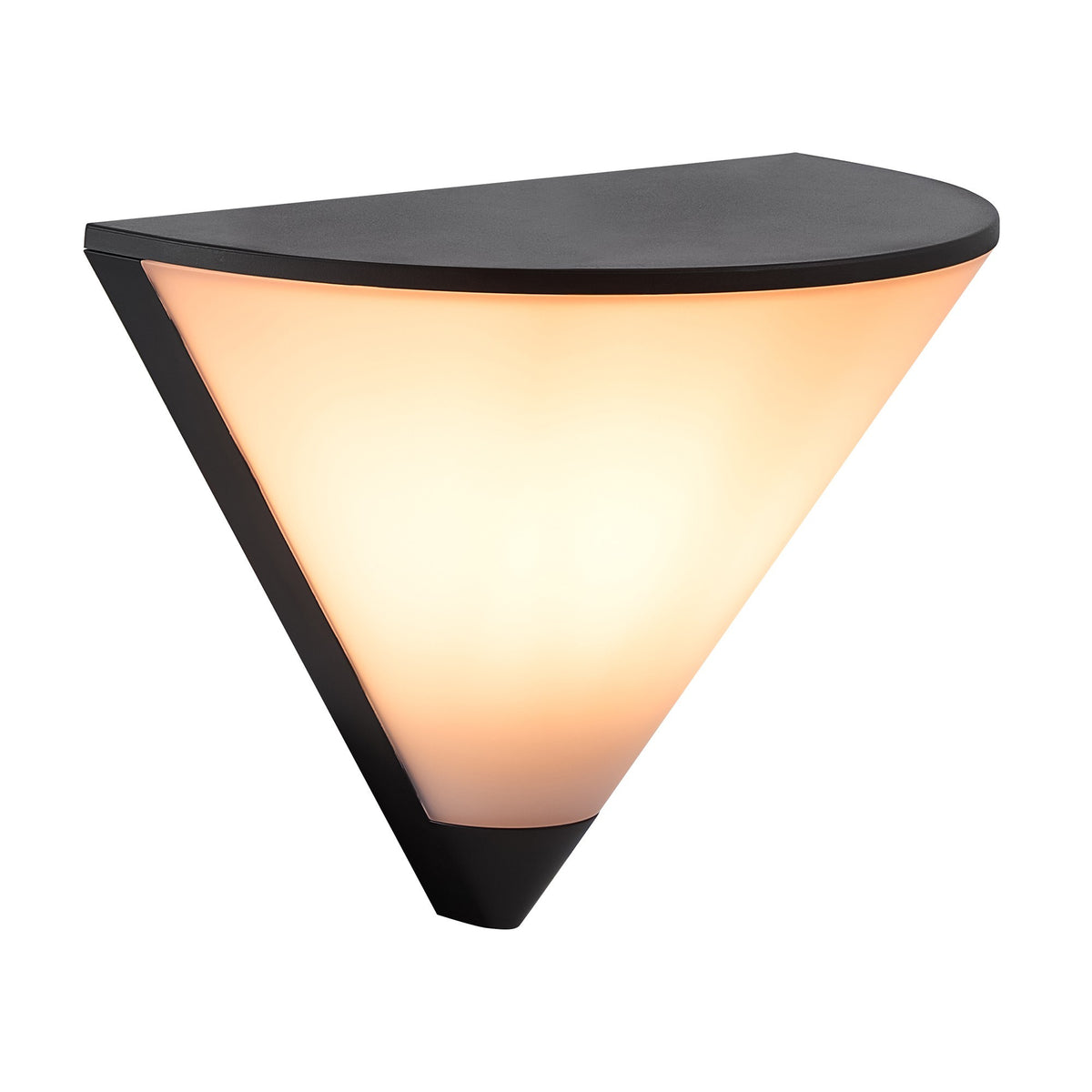 Vue de trois quarts du luminaire allumé, cadre noir et diffuseur conique ivoire
