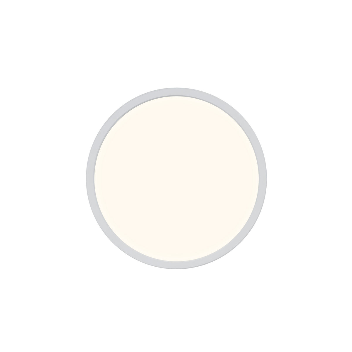 Vue frontale du luminaire circulaire blanc, diffusant une lumière homogène, bordure grise et verre dépoli.