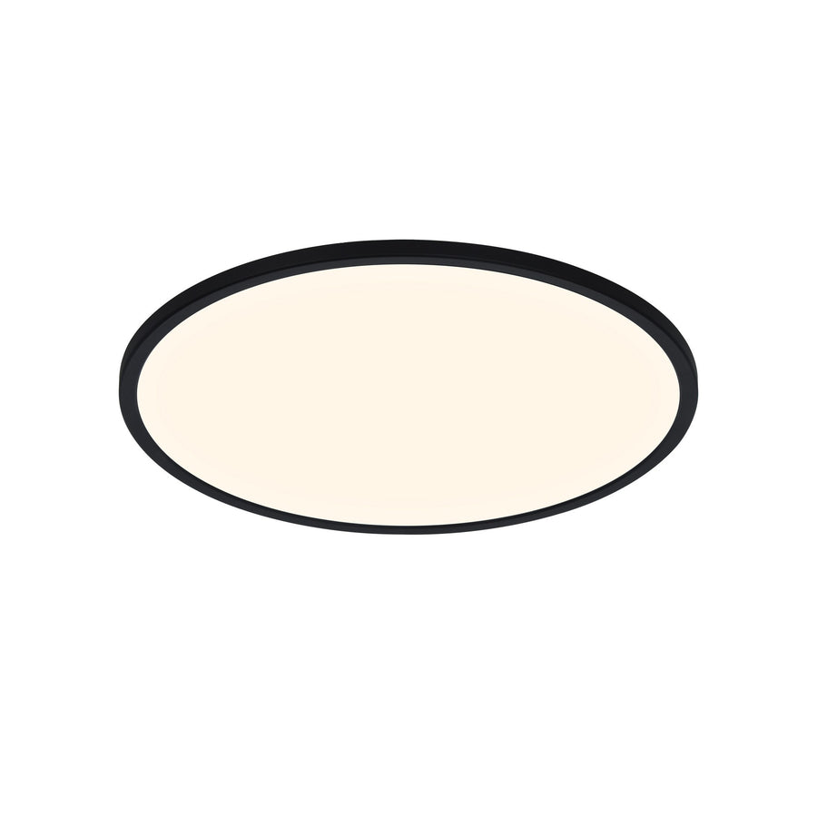 Vue en perspective d'un plafonnier rond au contour noir et diffuseur blanc.