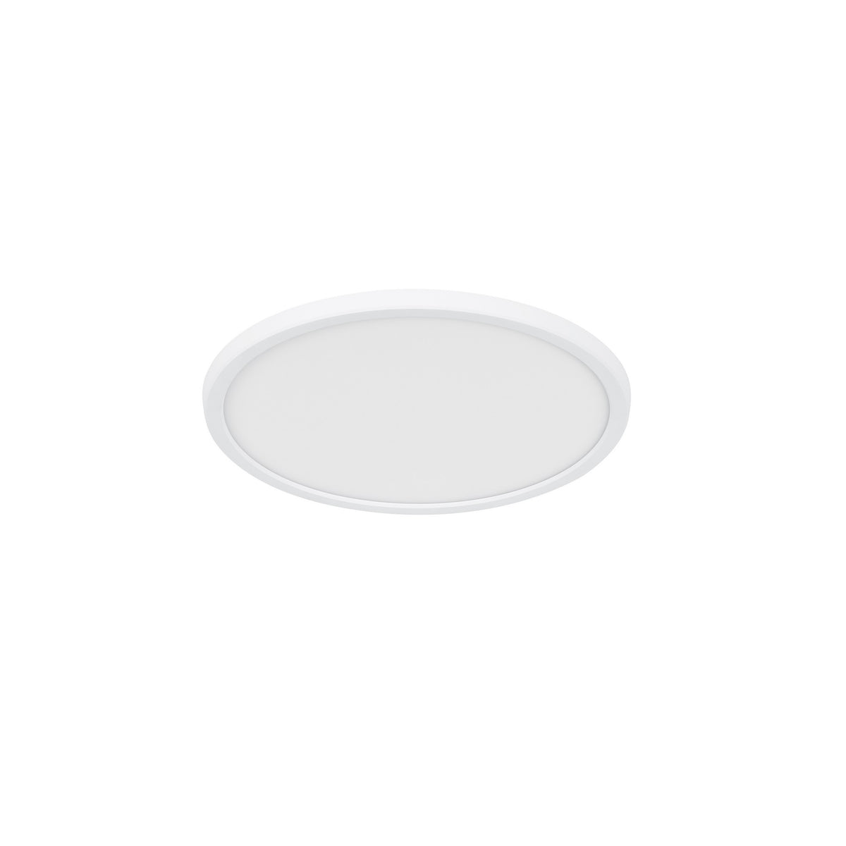 Vue inclinée d'un plafonnier LED rond éteint avec bordure blanche et diffuseur opaque.