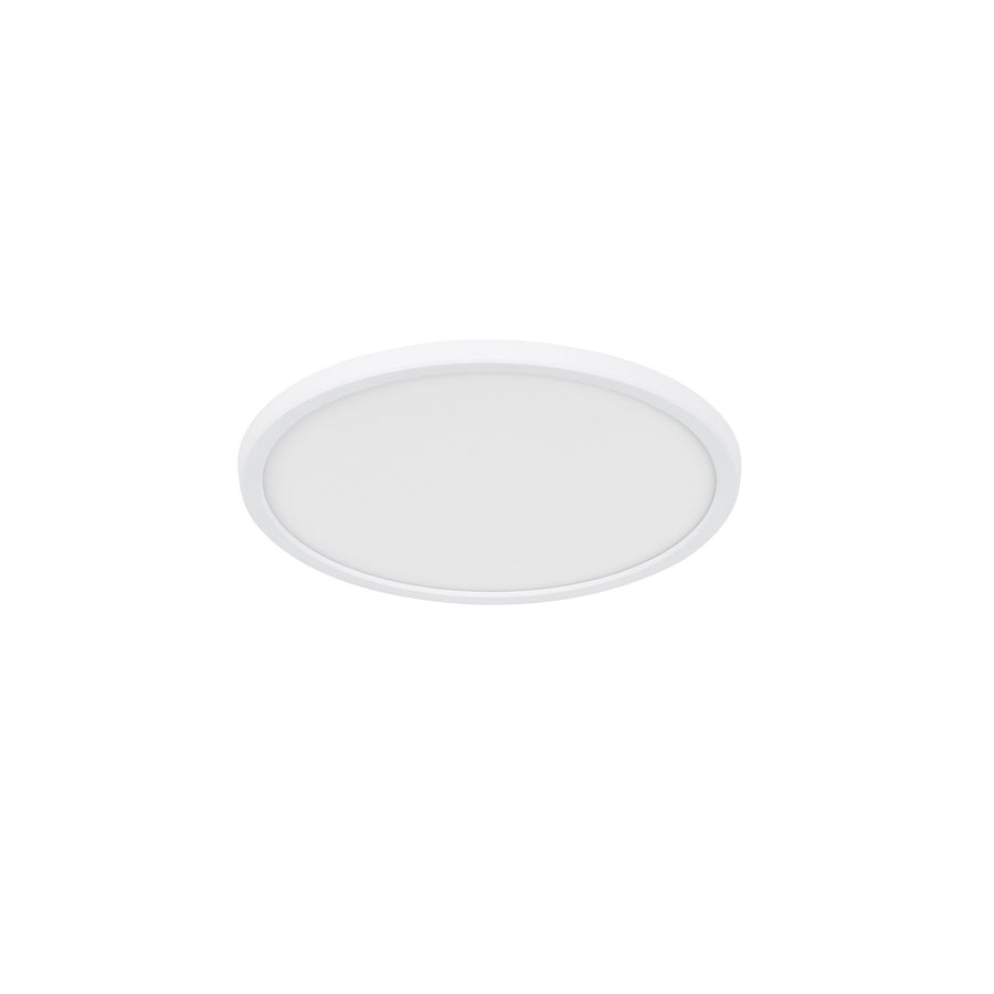 Vue inclinée d'un plafonnier LED rond éteint avec bordure blanche et diffuseur opaque.