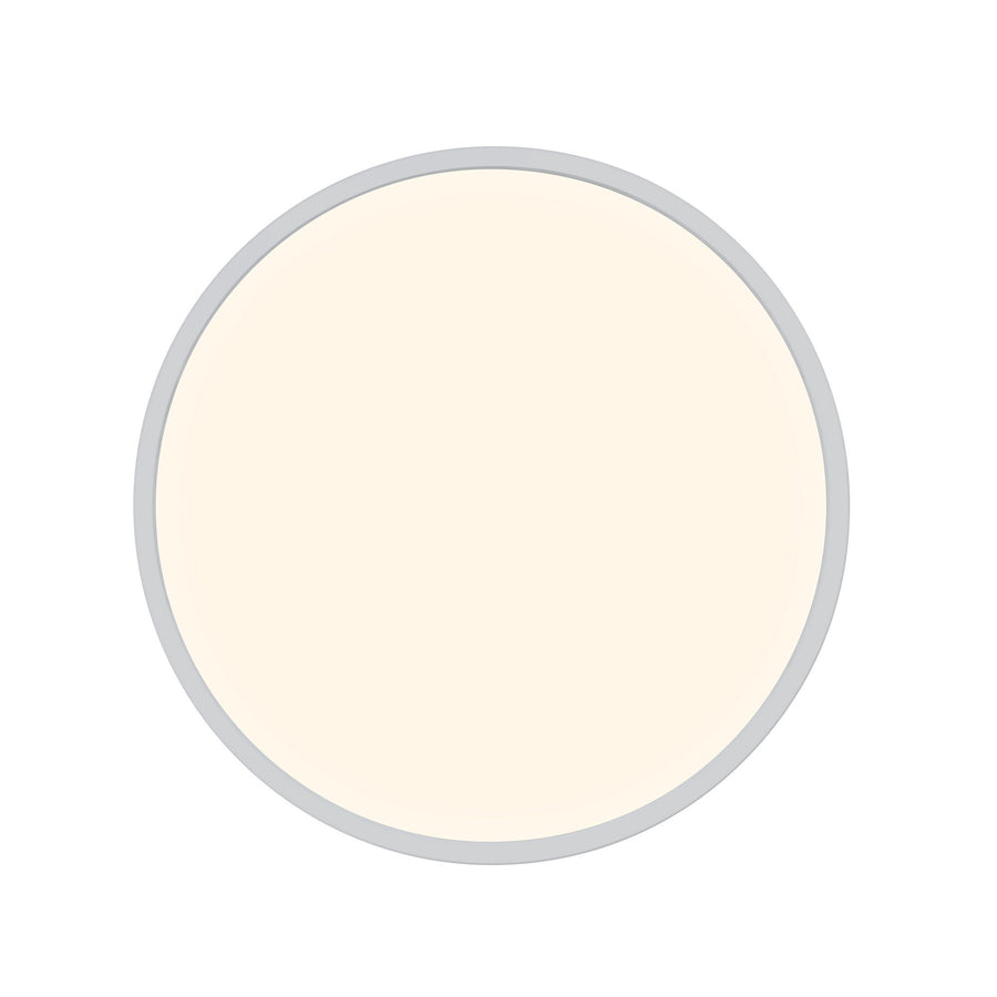 Face avant du luminaire rond allumé, diffuseur opale blanc cassé