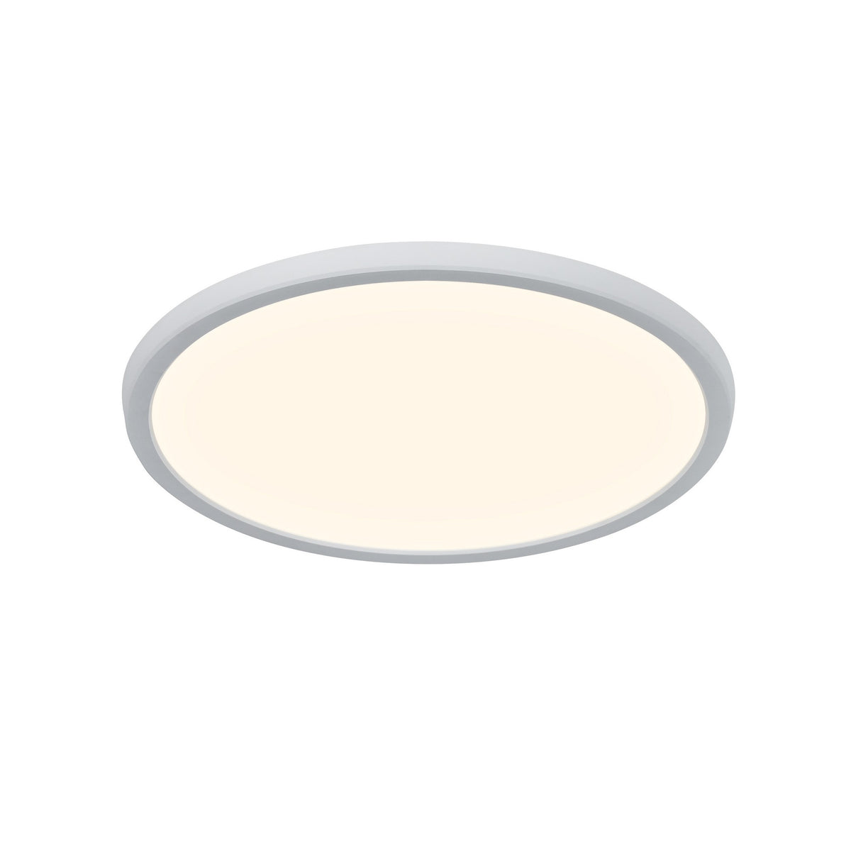 Vue de trois quarts d'un plafonnier LED rond blanc avec cerclage gris et diffuseur opale.
