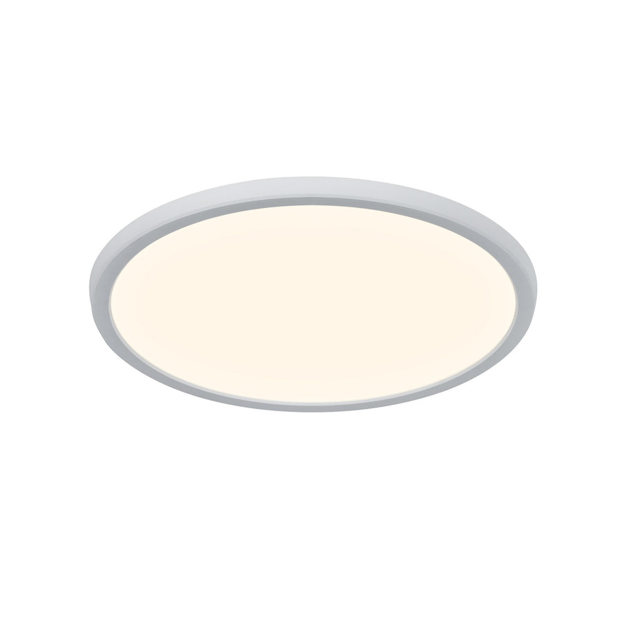 Vue de trois quarts d'un plafonnier LED rond blanc avec cerclage gris et diffuseur opale.