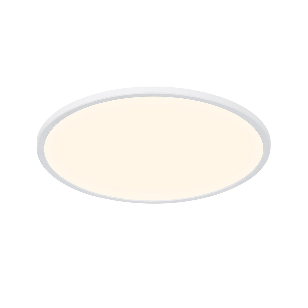 Plafonnier LED rond blanc vu de biais, diffuseur opalin et cerclage fin apparent