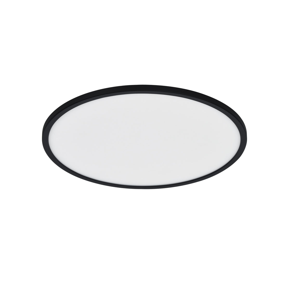 Vue rapprochée du plafonnier rond noir avec diffuseur blanc et fin liseré.