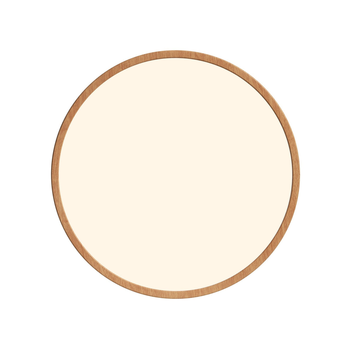 Vue de dessous du luminaire rond, contour bois et grande surface lumineuse blanche uniforme