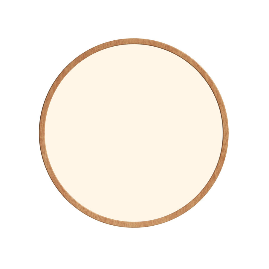 Vue de dessous du luminaire rond, contour bois et grande surface lumineuse blanche uniforme
