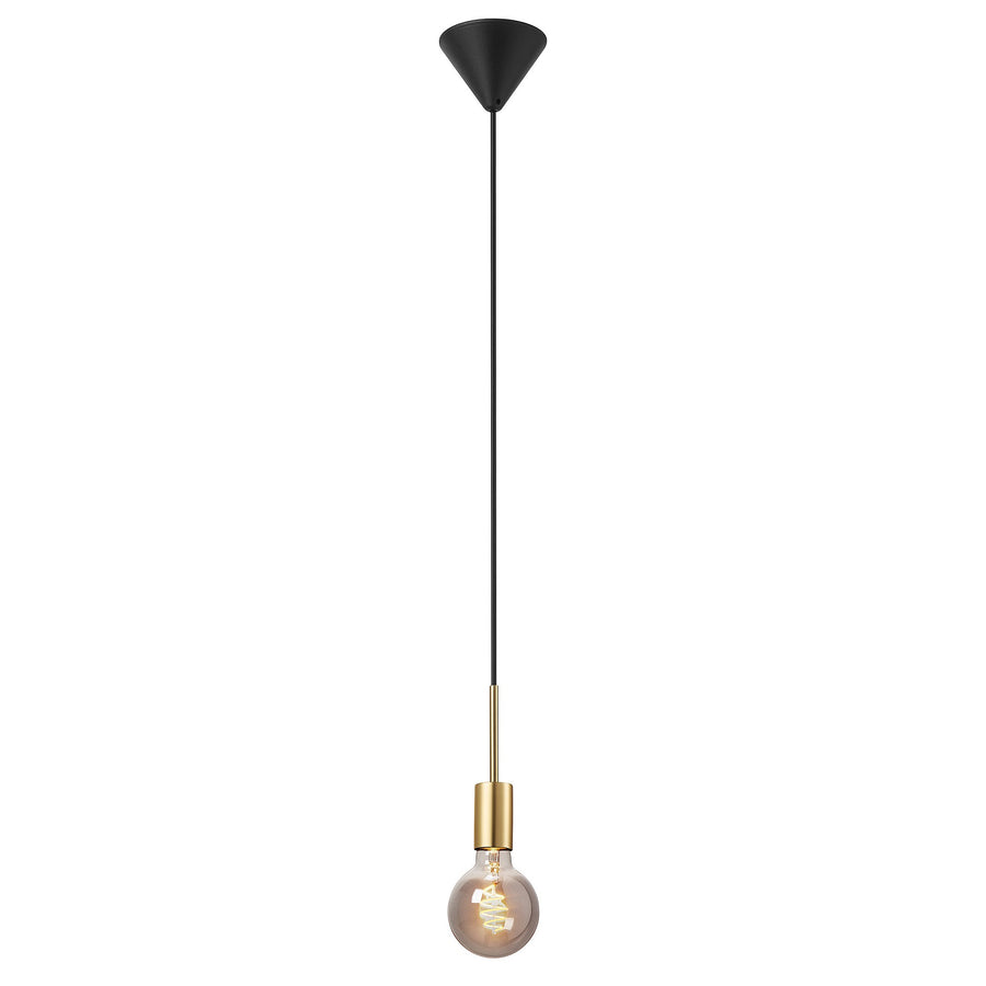 Suspension avec ampoule transparente à filament, douille laiton et câble noir, vue de face.