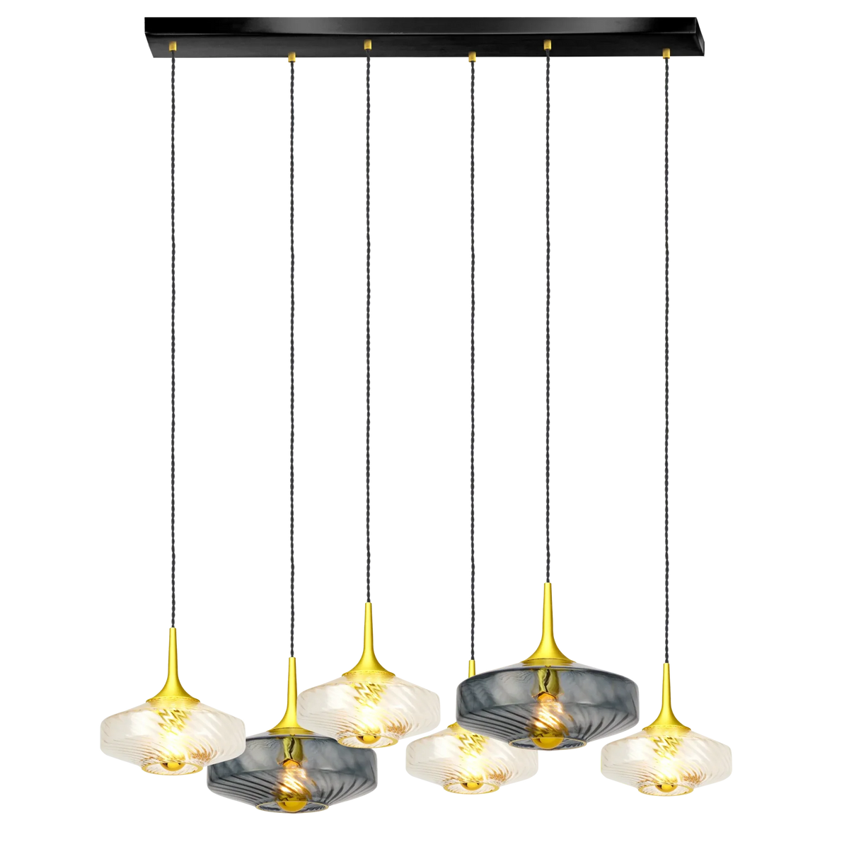 Suspension six lumières en verre soufflé, vue de face sur fond blanc