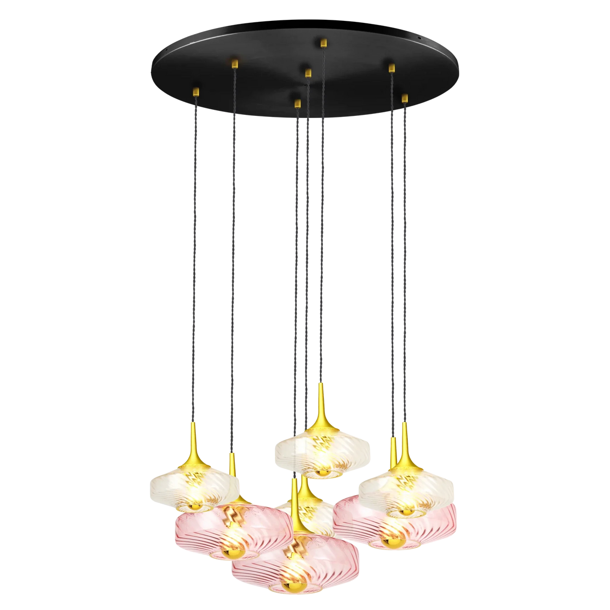 Suspension sept lumières verre soufflé rose et blanc, platine noire, produit de face.