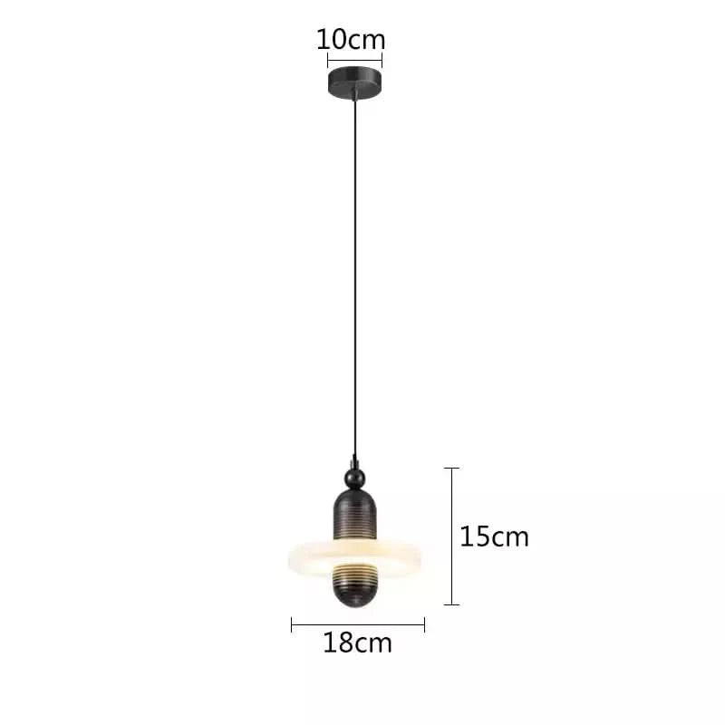 Plan coté d'une suspension noire seule, rosace dix, verre dix-huit, hauteur quinze.