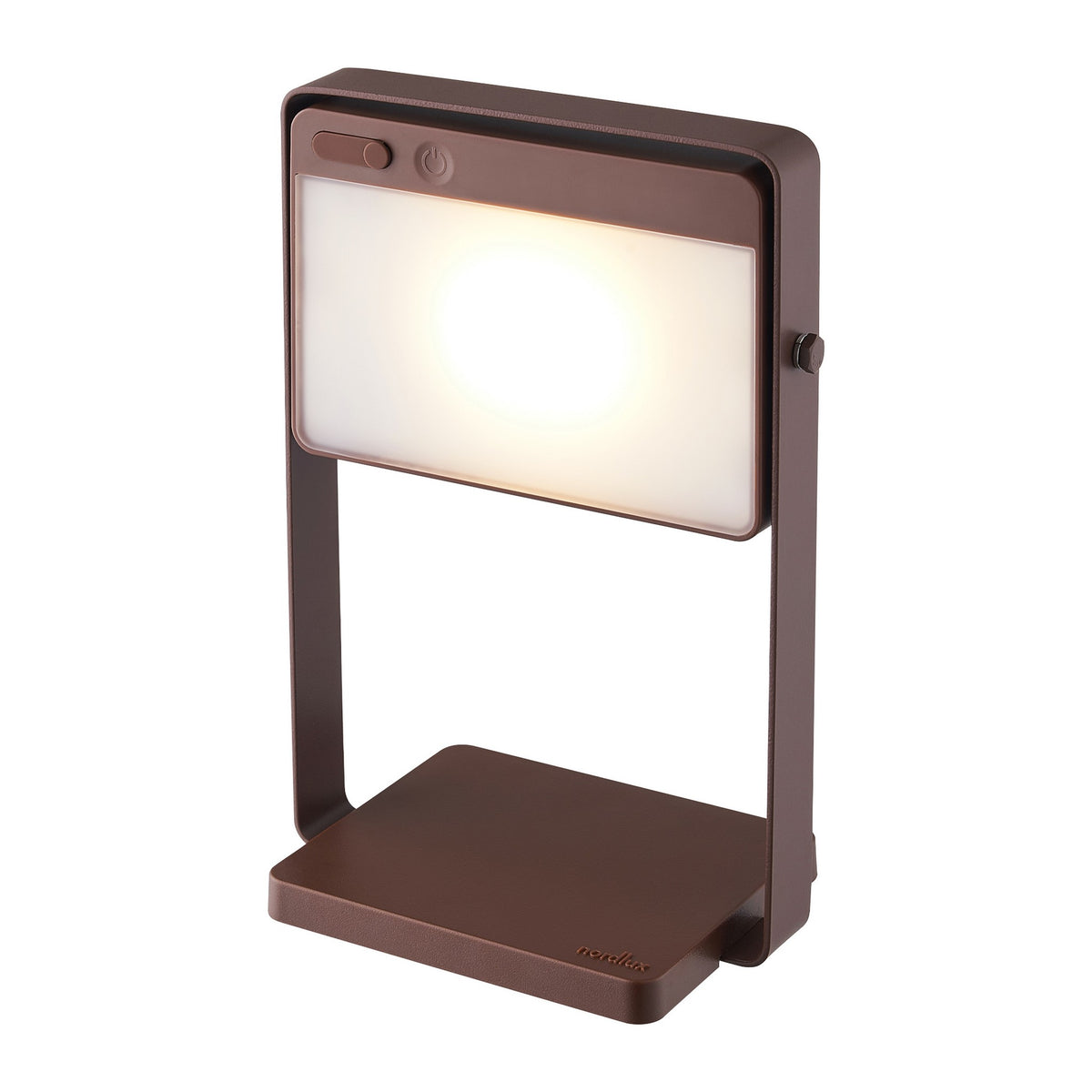 Lampe nomade d'extérieur de face, diffuseur rectangulaire allumé sur fond blanc