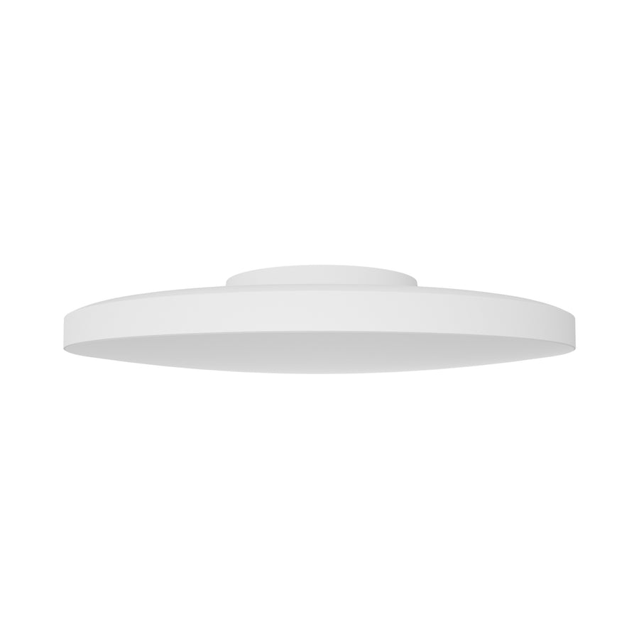 Vue de dessous légèrement inclinée, diffuseur blanc opaque et fin halo lumineux