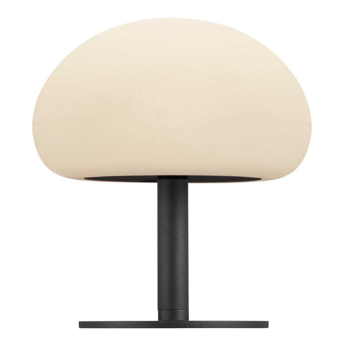 Lampe blanche à poser, abat-jour bombé et pied noir sur fond blanc.