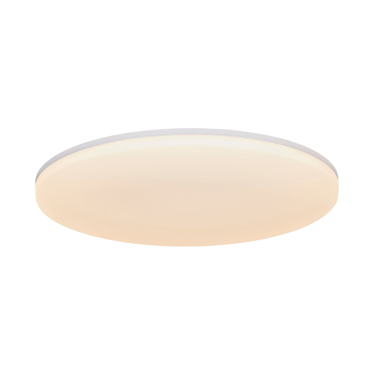 Plafonnier rond blanc allumé, vu en contre-plongée avec son cerclage fin et son diffuseur.