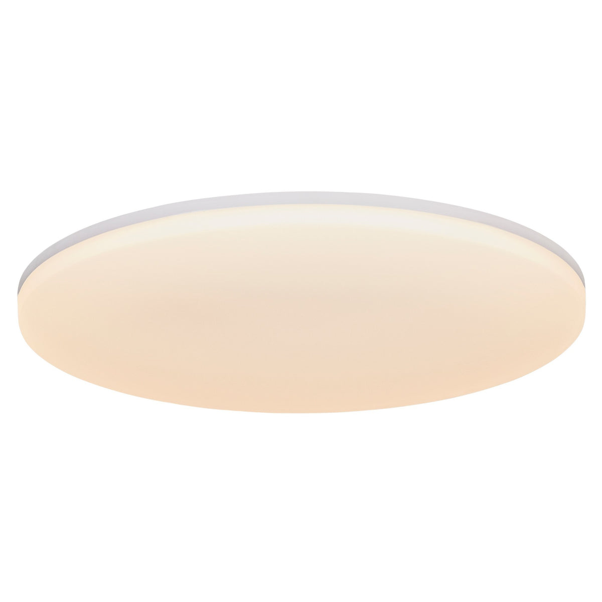 Vue de trois quarts d'un plafonnier rond blanc, finition lisse et épurée.