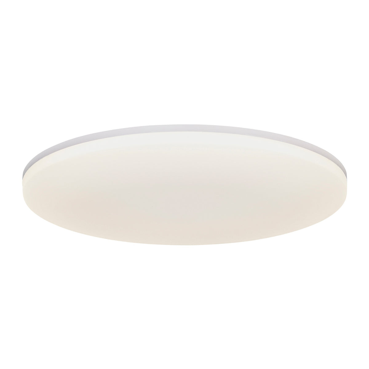 Plafonnier rond blanc vu de trois quarts, diffuseur opalin et cerclage fin gris clair