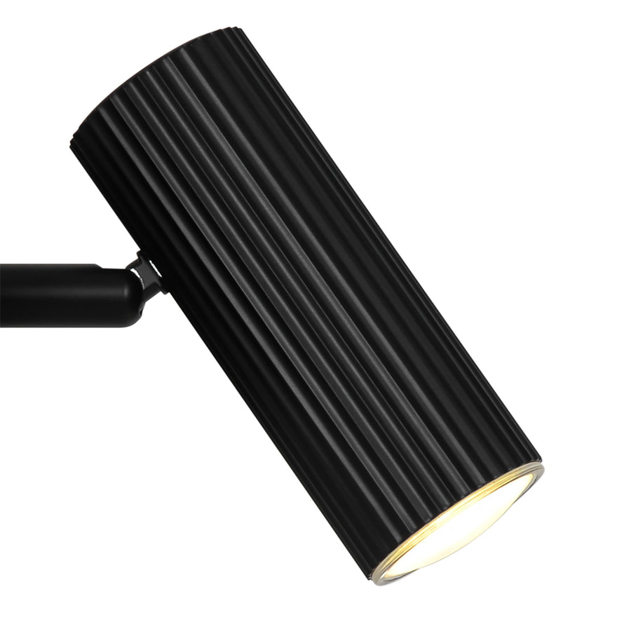 Gros plan sur la tête cylindrique noire striée, éclairée par une ampoule chaude.