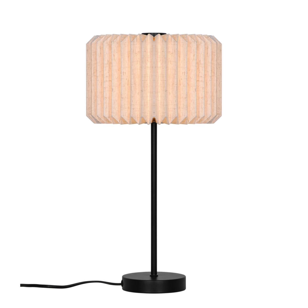 Lampe à poser de face, abat-jour plissé beige et tige métallique noire