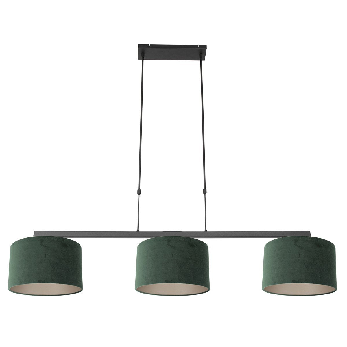 Vue de face du luminaire, trois cylindres verts suspendus sous une barre noire