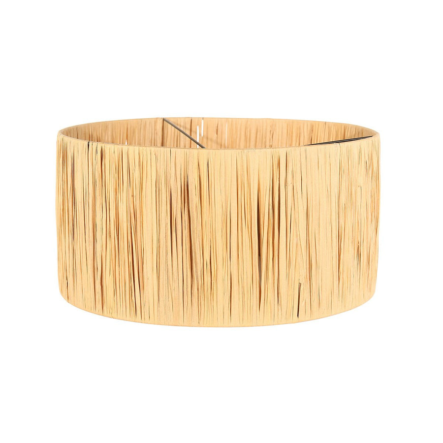 Abat-jour cylindrique en raphia naturel, détail de la texture tressée.