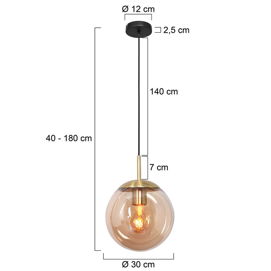 Suspension ambre en verre soufflé et laiton, globe Ø 30 cm | Bollique 3498ME