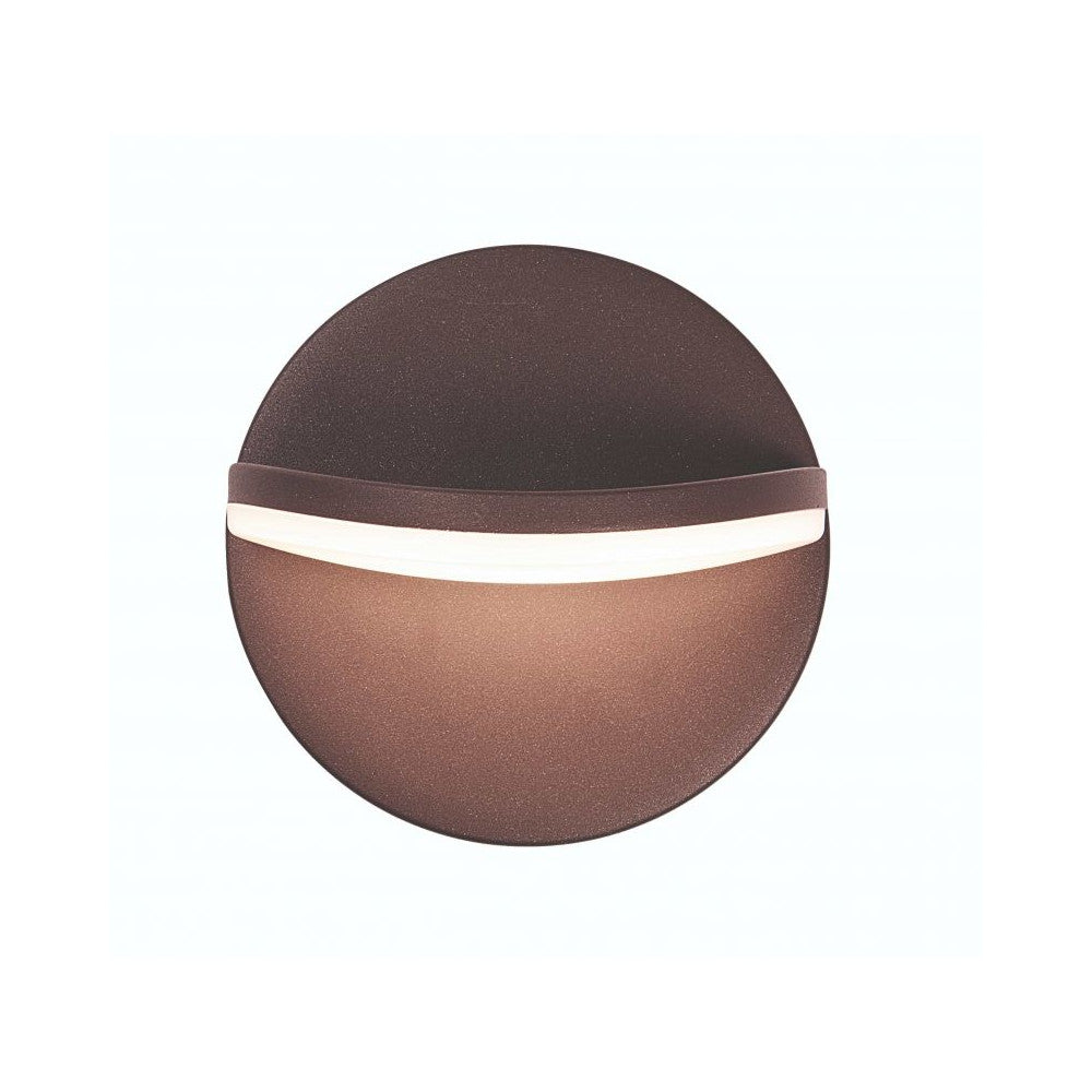 Applique murale ronde brun foncé avec bandeau lumineux blanc horizontal au centre.