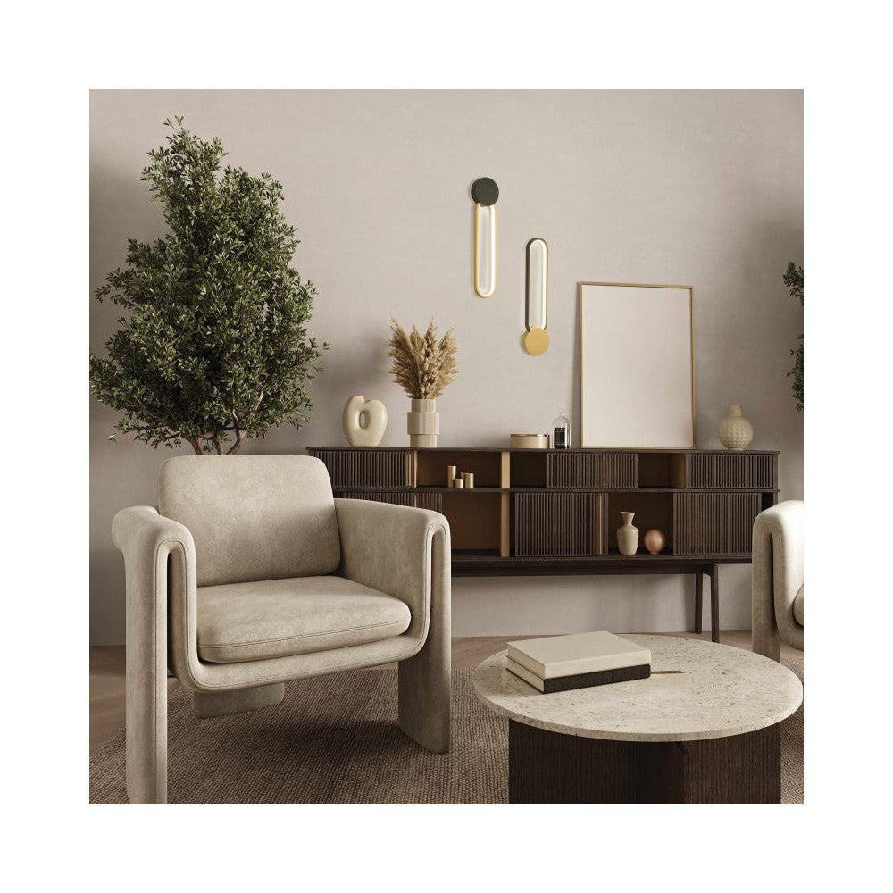 Mise en ambiance salon avec deux appliques ovales fixées au mur