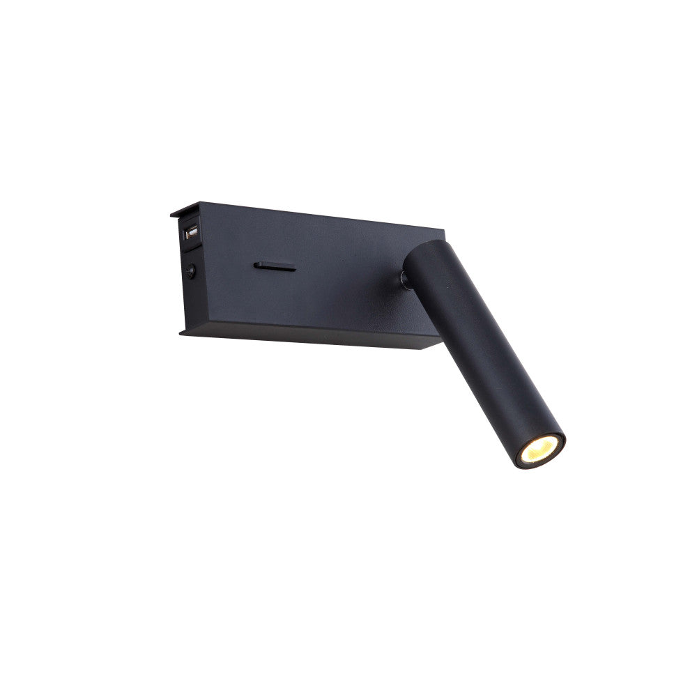 Applique noire rectangulaire avec bras cylindrique orientable allumé, vue de trois quarts.