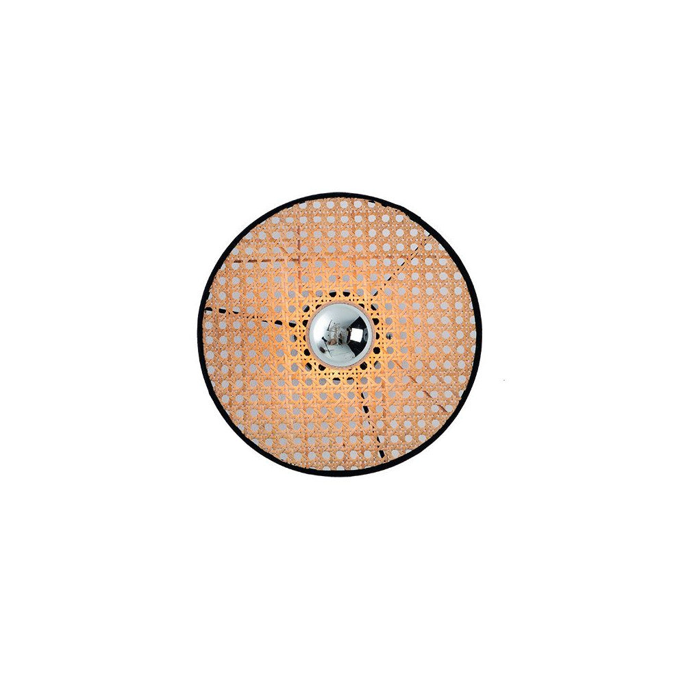 Vue de face du disque rond en cannage rotin avec bordure noire sable