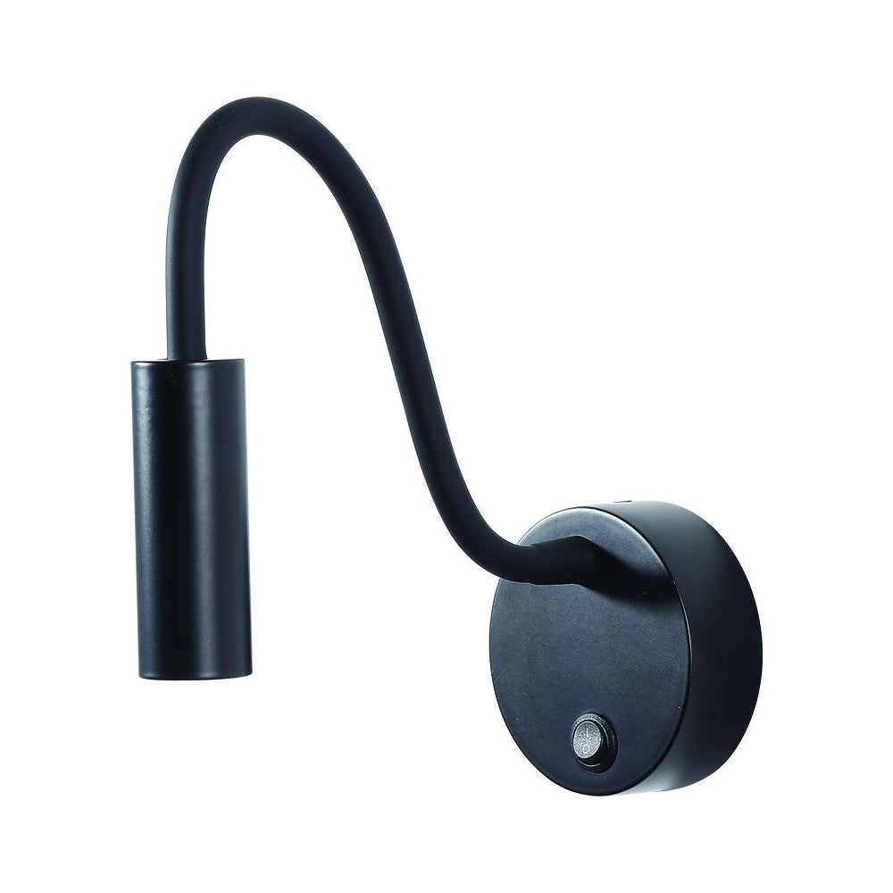 Produit seul sur fond blanc : applique murale noire, bras flexible et tête cylindrique avec interrupteur.