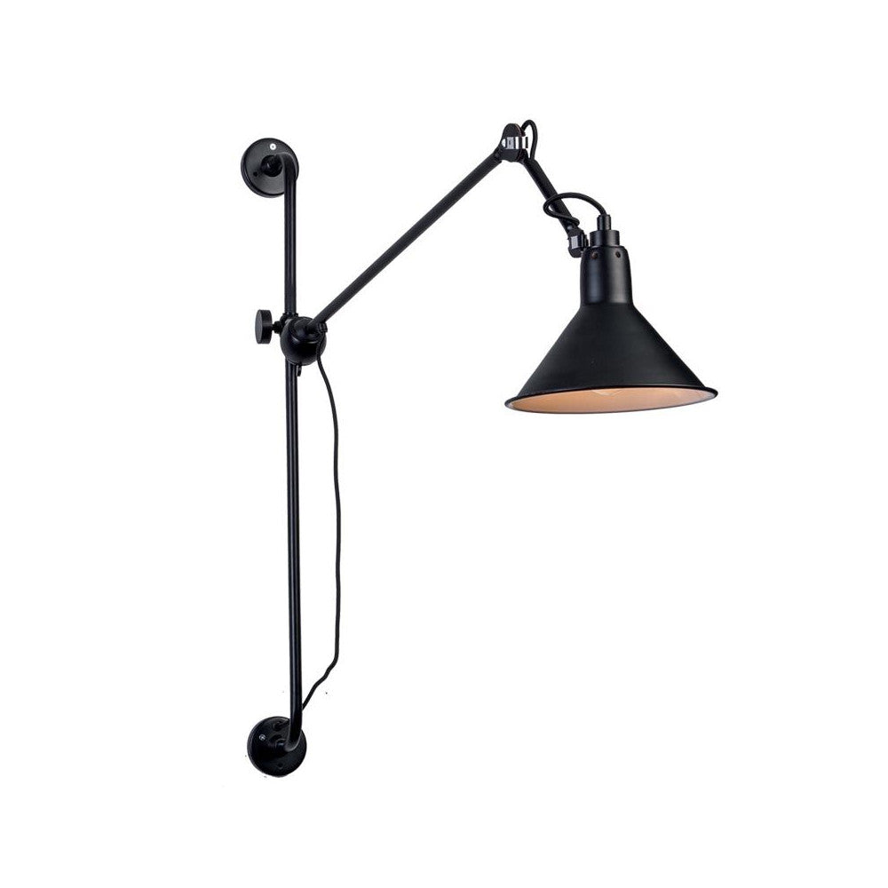 Produit de face, bras articulé noir mat et réflecteur conique orientable.