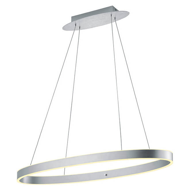 Suspension anneau ovale en aluminium brossé avec liseré LED, câbles et base plafond visibles.