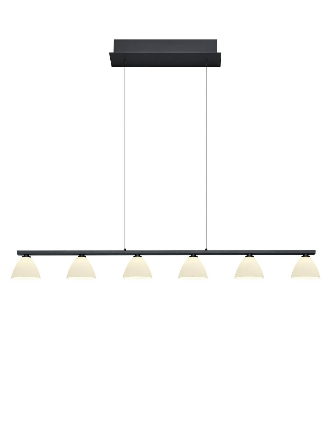 Vue de face du luminaire suspendu noir avec six abat-jours coniques blancs alignés