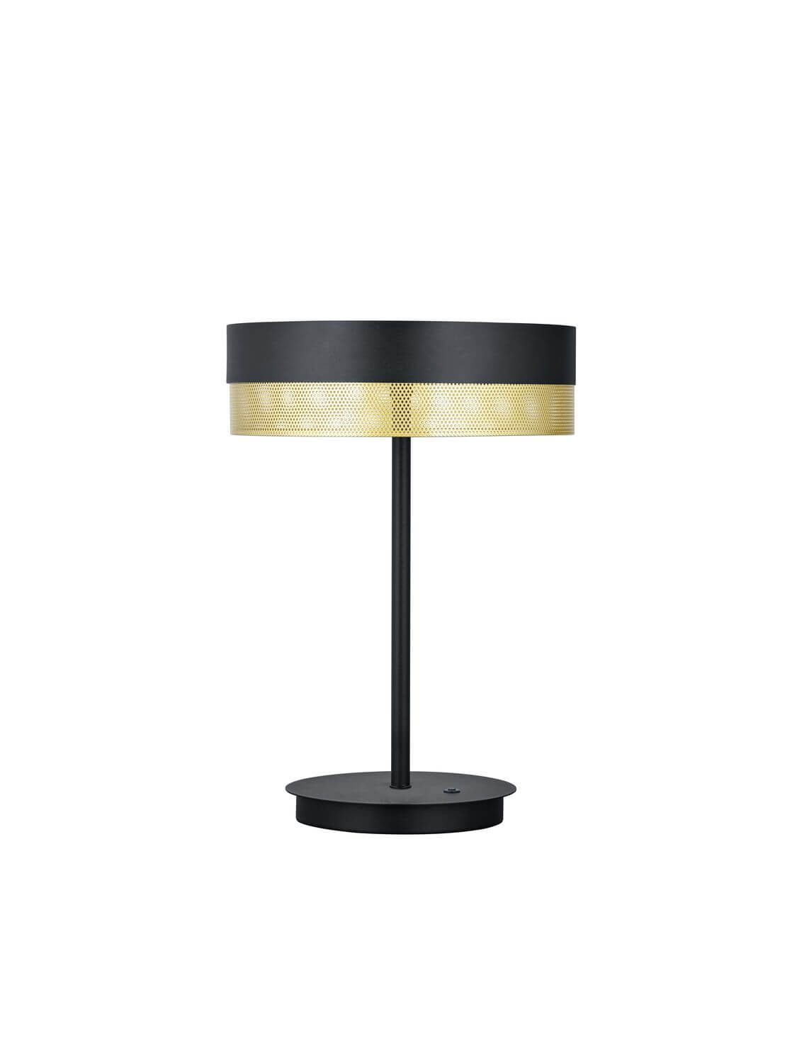 Lampe à poser noire de face, abat-jour cylindrique doré et socle rond