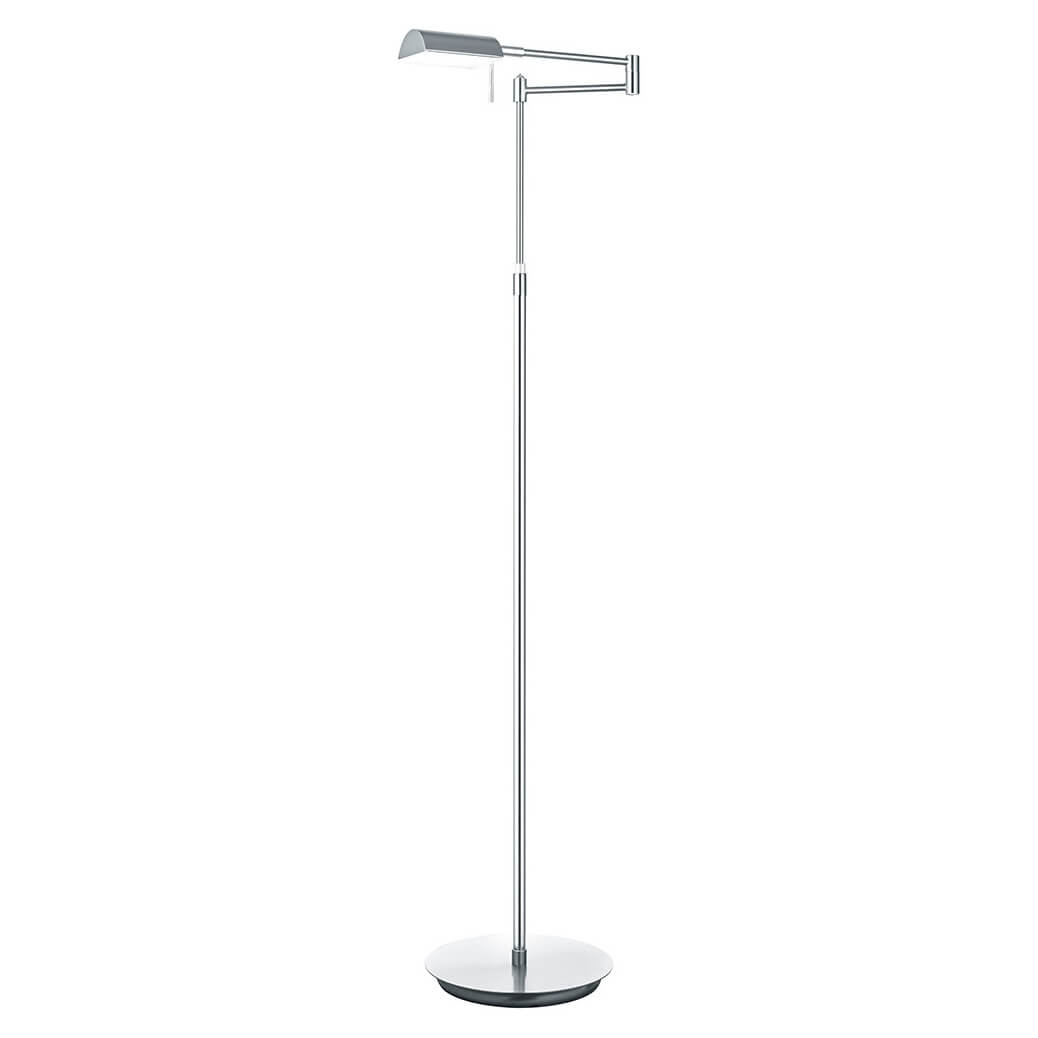 Lampadaire droit en métal nickelé vu de face sur fond blanc