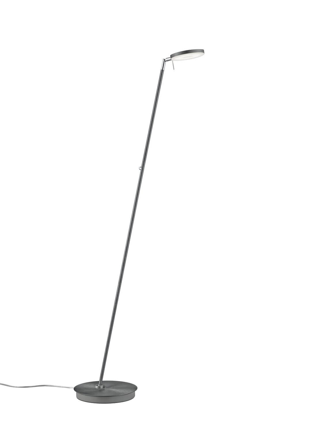 Lampadaire anthracite entier vu de face, tige inclinée et diffuseur plat
