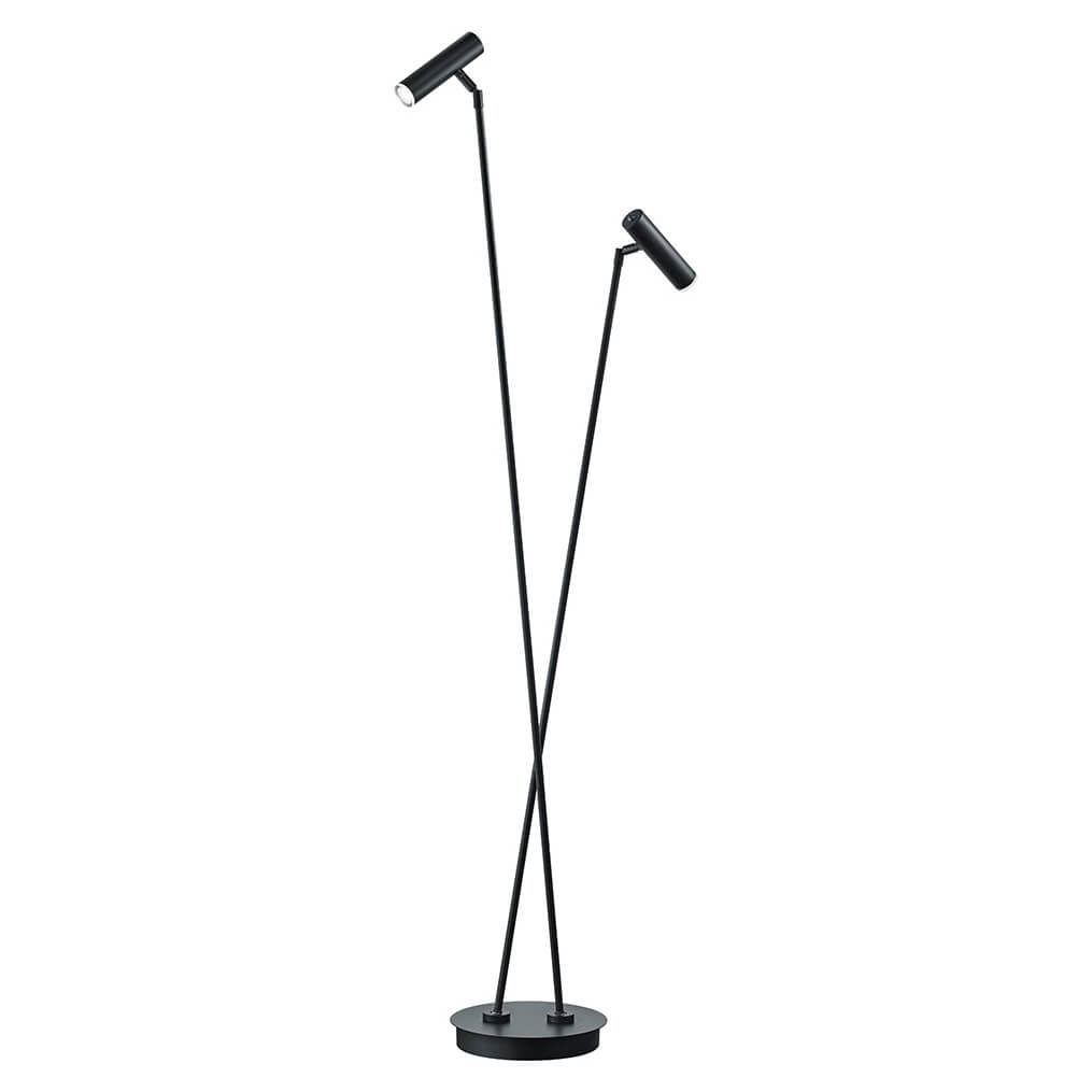 Lampadaire noir à deux tiges croisées et deux projecteurs cylindriques orientables, fond blanc