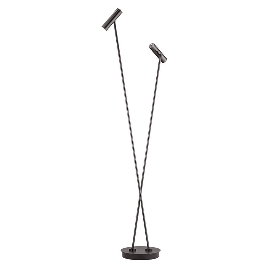 Lampadaire en métal foncé avec deux bras croisés et têtes cylindriques orientables, fond blanc